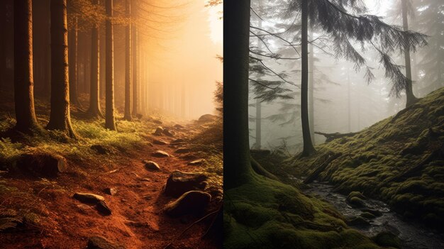 A stark image showing a before-and-after scenario of a forest. The left side portrays a lush, vibrant forest teeming with birds, while the right side shows a clear-cut area with only barren land and scattered tree stumps.