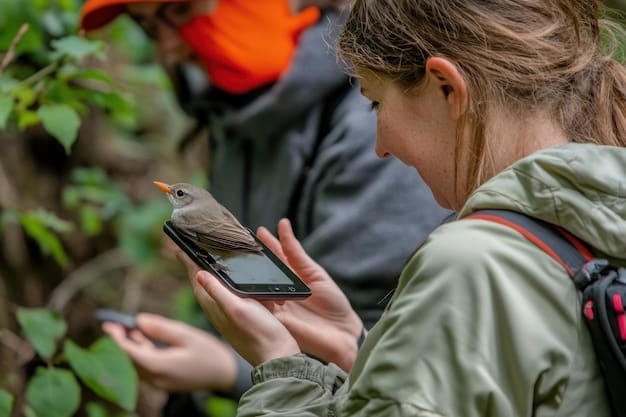 A detailed photo of environmental protection agency officials installing GPS tags on migrating birds in a natural reserve in the USA, for conducting studies on the impact of urbanization on bird migration patterns.