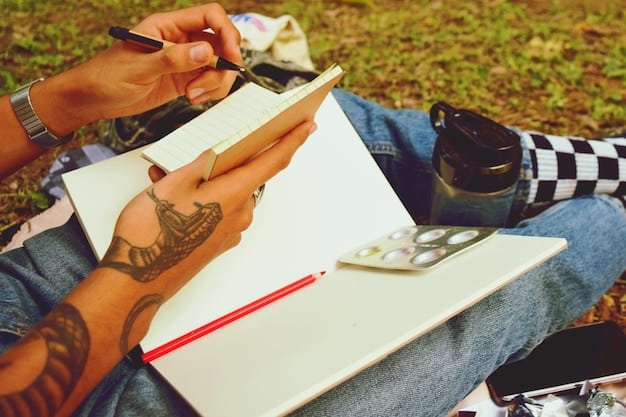 A person sketching a backyard landscape plan on a notepad. The sketch includes various native plants, a small pond, a bird feeder, and a brush pile. The surrounding environment is a typical suburban backyard with a fence and trees in the background.