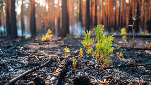 A detailed shot of a forest floor after a prescribed burn, showing new plant growth emerging from the ashes. Small animals, like insects and birds, are actively feeding in the area, highlighting the immediate benefits to the ecosystem.