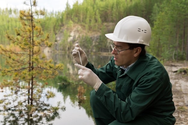 A photograph of a scientist collecting water samples from a pond, highlighting the efforts to monitor and assess water quality in amphibian habitats.