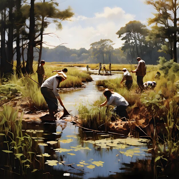 A scene depicting a community working together to restore a coastal wetland. Volunteers are planting native vegetation, removing debris, and installing erosion control measures. The image conveys a sense of hope and collective action in the face of climate change, highlighting the importance of community involvement in conservation efforts.