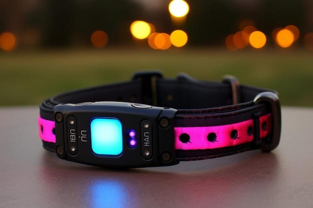 A close-up shot of a dog wearing a Whistle Go Explore GPS tracker attached to its collar, standing in a park. The dog is looking directly at the camera with a curious expression, and the focus is on the tracker and the dog's face.