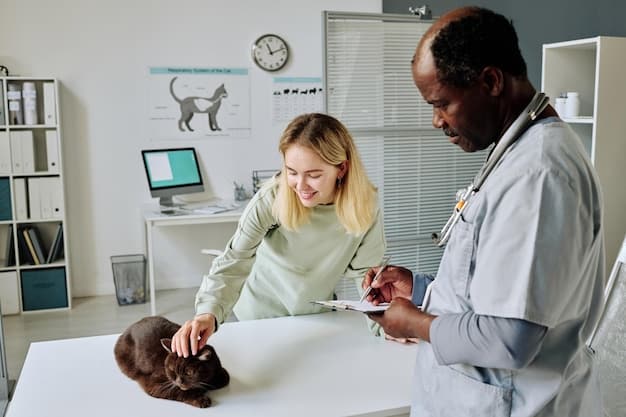 A veterinarian reviewing flea and tick prevention options with a pet owner in an exam room, emphasizing professional guidance.