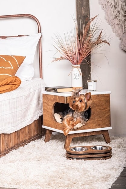 A modern living room showcasing a stylish furniture dog crate that doubles as an end table, with decorative items on top and a comfortable dog bed inside.