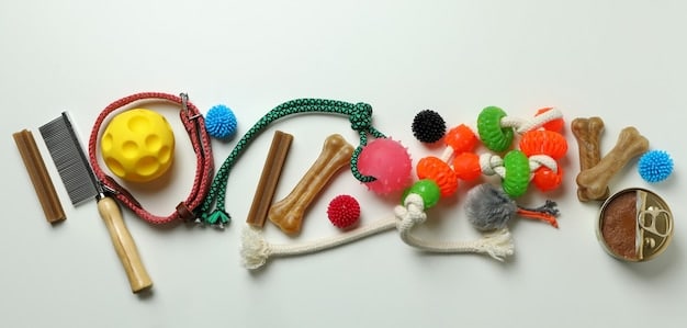 A close-up shot of a variety of dog toys, featuring different materials like rubber, nylon, and rope. Text overlays highlight the key features of each material in terms of durability and safety for power chewers.