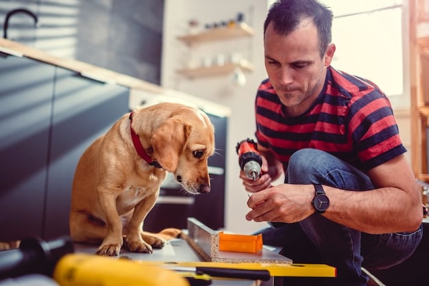 A dog owner carefully inspecting a new dog toy, checking for small detachable parts and torn seams. The owner is using a magnifying glass to examine the toy's construction.