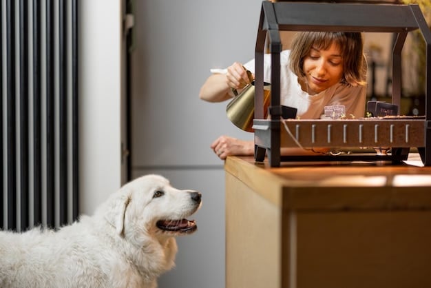A mixed-breed dog happily eating from an automatic pet feeder, demonstrating the feeder's ease of use and appeal to pets. The setting is a cozy living room.