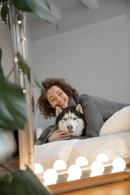 A close-up shot of a dog peacefully chewing on a calming treat, with a blurred background showing a cozy living room. The dog’s eyes are half-closed, indicating relaxation and contentment.