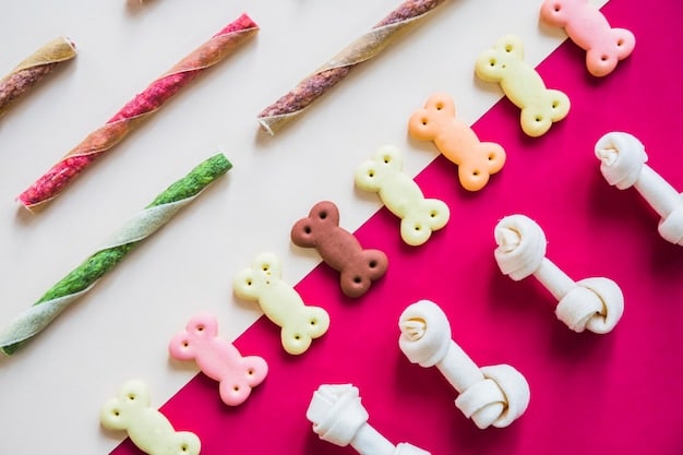 A close-up shot of various dental chews for dogs, showcasing different shapes, textures, and sizes. Some are bone-shaped, others are sticks, and a few have unique ridges and bumps.
