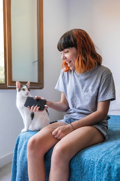 A pet owner is talking to the cat via a camera with a screen on the mobile app, the pet owner gives commands and the cat listens .