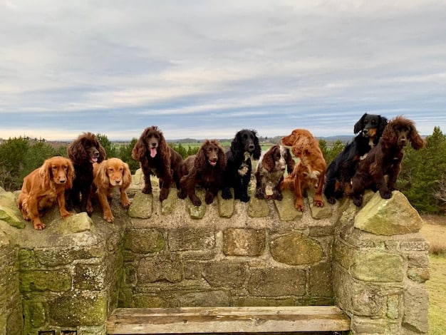 A diverse group of dog breeds standing together, illustrating the variety of breeds recognized by the AKC. Studio shot, dogs are well-groomed and attentive.