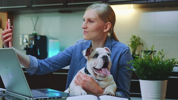 A veterinarian in a white coat is examining a dog while pointing to a DNA test report on a tablet. The setting is a modern veterinary clinic with bright lighting.