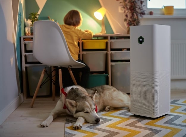 An image showing an air purifier in a living room, with a dog bed in the background. The room is clean and well-lit, with minimal clutter. The air purifier is modern and sleek.