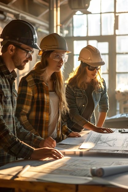 A group of construction workers in hard hats reviewing blueprints at a construction site, with a focus on collaboration and planning.