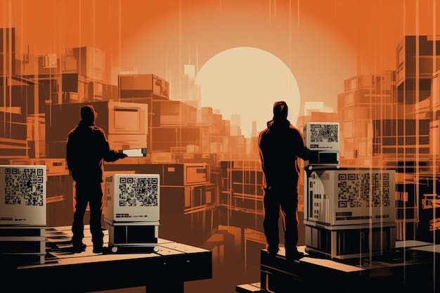 A digital illustration depicting various types of cyber threats (phishing, malware, ransomware) converging on a small business office building.