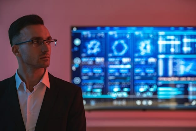 A security professional pointing to a dashboard displaying threat detection and security analytics.