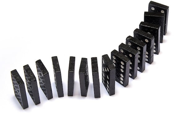 A set of dominos falling, each domino labeled with the name of a major tech company. The first domino is being pushed by a gavel with the FTC logo on it, illustrating the potential cascading effects of the investigation.