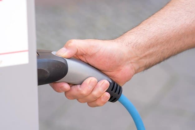 A close-up shot of a hand plugging an electric vehicle into a charging station, with a blurred cityscape in the background. The image highlights the importance of electric vehicles and charging infrastructure as part of green technology initiatives.
