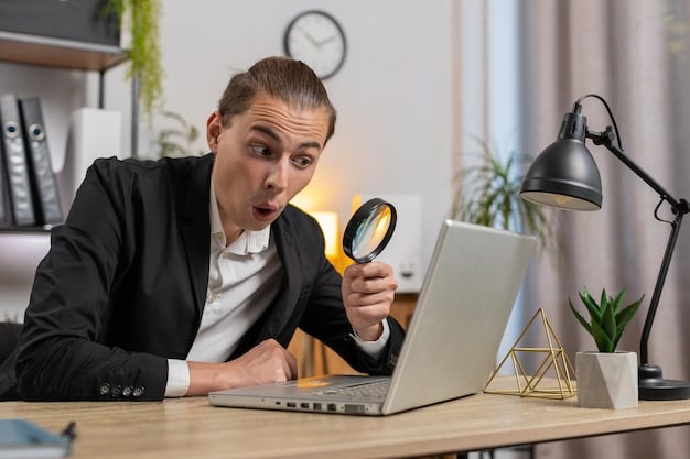 A person using a laptop with a magnifying glass focused on the screen, searching for unclaimed funds.