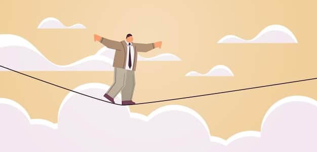 A digital illustration depicting a person walking on a tightrope above a chasm filled with dollar bills, representing the precariousness of living paycheck to paycheck.