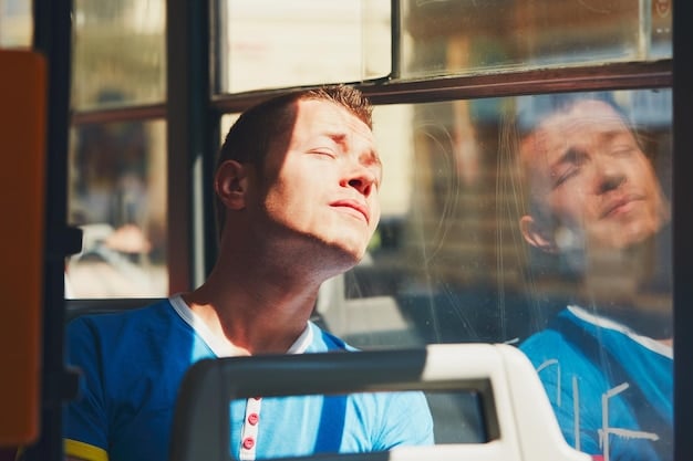 A split image showing a person stressed in traffic and a person relaxed on public transport.