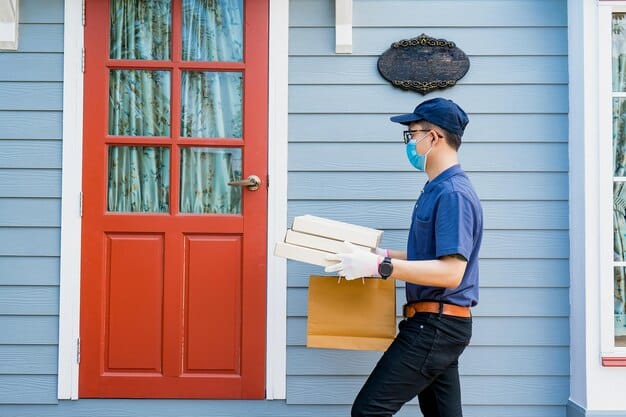 A delivery person wearing a USPS uniform delivering a package to a customer's doorstep. The customer is smiling and gratefully receiving the package. The scene shows a typical suburban neighborhood during a sunny afternoon.