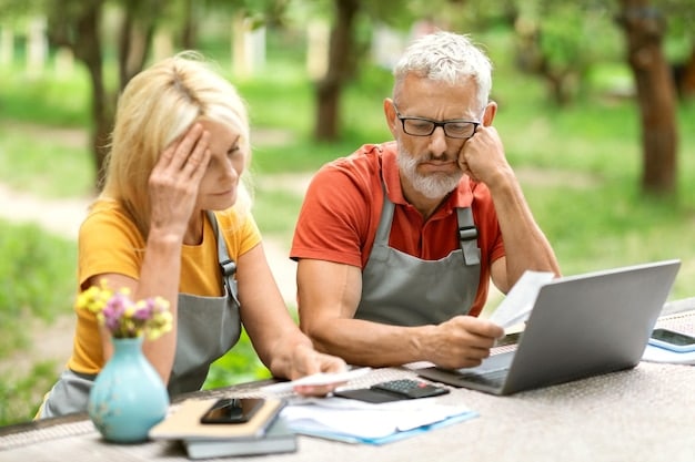 A split-screen image. On one side, a young adult is looking stressed and overwhelmed by bills and debt. On the other side, a senior citizen is happily gardening in a sunny backyard.