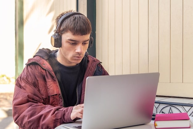 A person wearing headphones, focused on a laptop displaying an online learning course interface. The background is a cozy home office setting, illustrating the flexibility and accessibility of online education.
