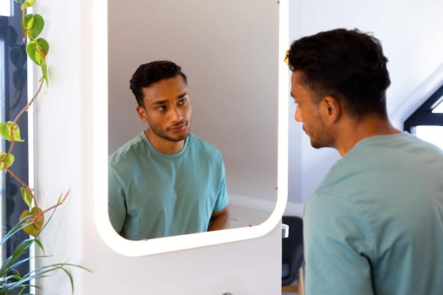 A person practicing a speech in front of a mirror, focusing on their posture and eye contact.
