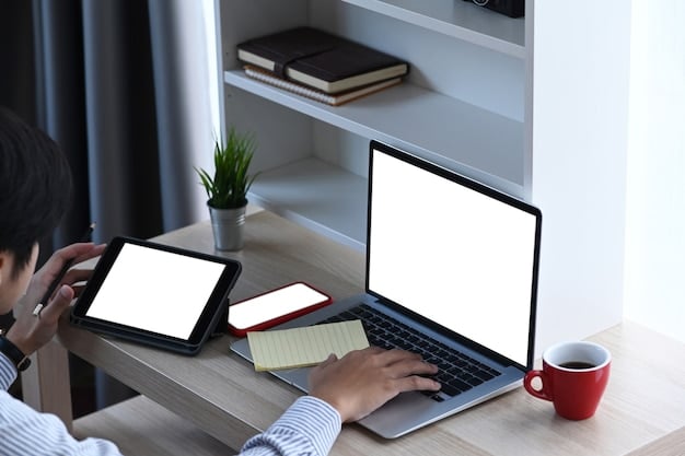 A person sitting at a desk, surrounded by multiple devices (laptop, tablet, smartphone), each displaying different elements of a PLN, such as social media feeds, online courses, and video conferences with mentors.
