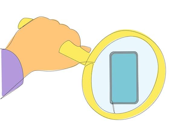 A close-up of a hand holding a magnifying glass over a smartphone screen, highlighting the action of examining data closely. The phone displays various app icons related to news, social media, and communication.