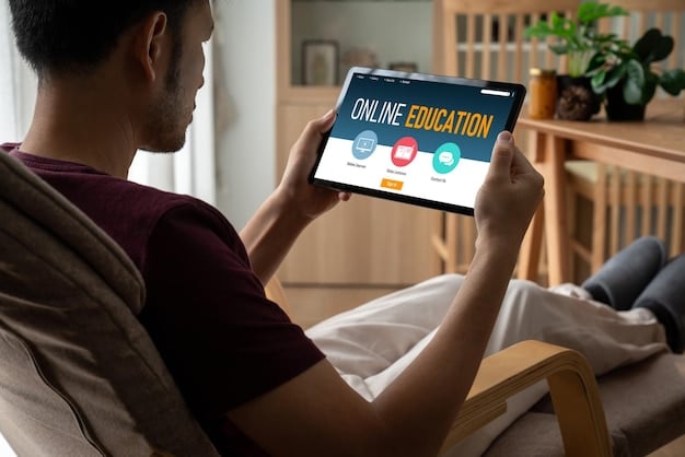 A person is holding a tablet displaying an online learning platform with various course options. The background shows a cozy living room, symbolizing the flexibility and convenience of online learning as a strategy for lifelong learning.