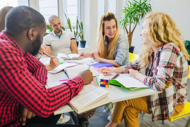 A diverse group of people at a financial literacy workshop, actively participating in discussions and reviewing educational materials. The setting is a bright and modern classroom.