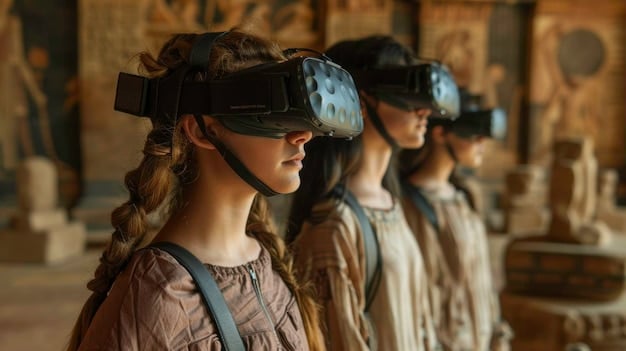 A group of students wearing VR headsets in a history class, exploring ancient Rome. The teacher is guiding them through the virtual tour, pointing out historical landmarks and explaining their significance.