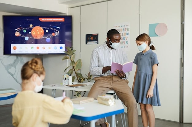 Students participating in a collaborative project using digital tools and a smart board. The workspace is modern and designed to encourage teamwork and creative problem-solving.