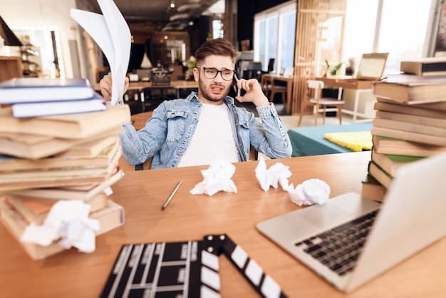A frustrated importer sitting at their desk, surrounded by piles of paperwork and invoices, with a laptop displaying error messages.