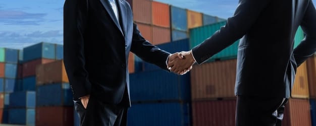 A handshake between a US business executive and an overseas supplier, set against a backdrop of a shipping yard, symbolizing a strong partnership.