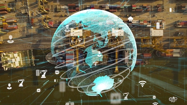 A digital dashboard displaying a supply chain network visualized with interconnected nodes (suppliers, manufacturers, distributors), showcasing real-time data on product origin, labor conditions, and compliance status.