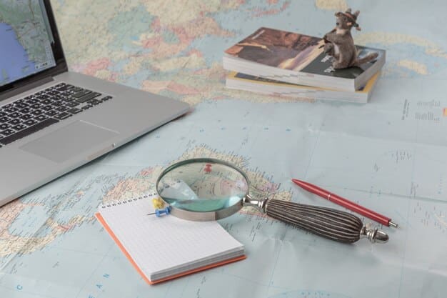 A desk with various documents, including customs forms and shipping manifests, with a magnifying glass over them, symbolizing the importance of detailed research in selecting a customs broker.