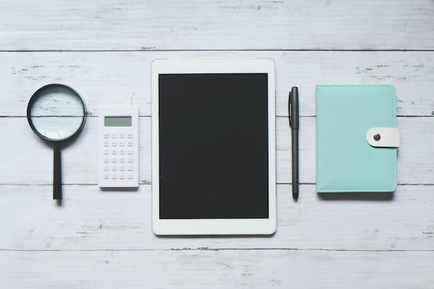 A magnifying glass hovering over complex financial documents, with a calculator and a digital tablet showing accounting software in the background, symbolizing thorough financial review.