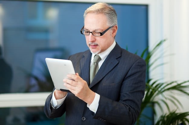 A business person, likely a CFO or CEO, intently looking at a tablet displaying financial data and charts, with a subtle green hue, surrounded by abstract representations of sustainable energy and growth, denoting strategic planning.
