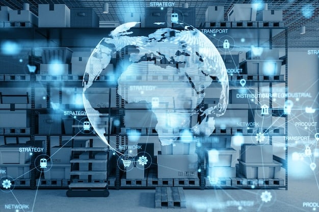 A digital visualization of a global supply chain network, showing interconnected nodes representing suppliers, manufacturers, distributors, and customers. Data flows between these nodes are highlighted with lines and icons, indicating the complexity of modern supply chains and how Supply Chain Disruptions: How are US Businesses Adapting in 2025? is a critical question. The visualization includes alerts indicating potential disruption points.