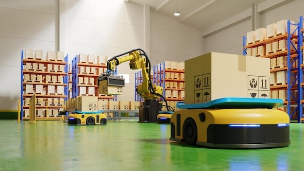 A warehouse filled with automated robots and conveyor belts, efficiently sorting and transporting goods. The robots are depicted moving quickly and precisely, highlighting the speed and accuracy of automated systems. The setting of the image displays how smart technology responds to the Labor Shortage Crisis: Will Automation Be the Answer by 2026? by showcasing the potential for automation in logistics and e-commerce.