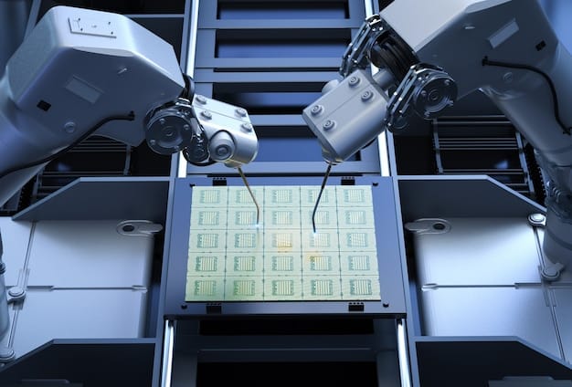 A close-up of a sensor on a manufacturing machine transmitting data to an AI-powered predictive maintenance system. The system's dashboard displays real-time analytics and alerts of potential issues. This illustrates the concept of data-driven maintenance in Insider Report: The Rise of AI in Manufacturing – Opportunities and Risks.