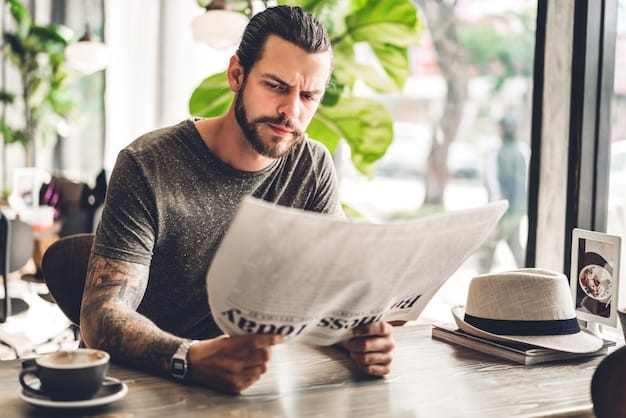 A close-up shot of a person reading a newspaper with a traditional advertisement, focusing on the texture of the paper and the ink. The background is slightly blurred to emphasize the newspaper. The image subtly incorporates the concept of 