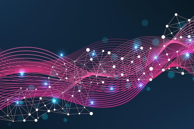 An abstract visual representation of data flowing through a network, with nodes and connections highlighted in bright blue and green against a dark background. Key data points are emphasized with glowing effects, suggesting the tracking and analysis of network traffic for security purposes.
