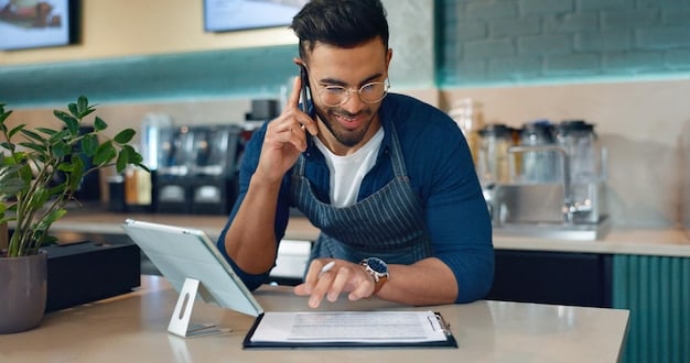 A focused small business owner sitting at a desk, carefully reviewing a detailed grant application form. The desk is organized, with essential documents and a calculator nearby, highlighting the need for precision and thoroughness in the application process. Insider Knowledge: Unlocking Government Grants for Small Businesses.