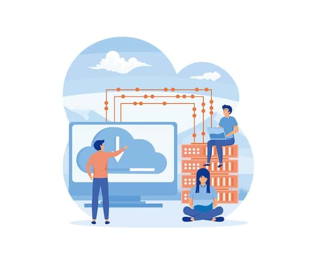 An illustration depicting data flowing between a user's device and a cloud server, emphasizing accessibility and remote access of cloud services. Include icons representing various cloud services like storage, applications, and computing.
