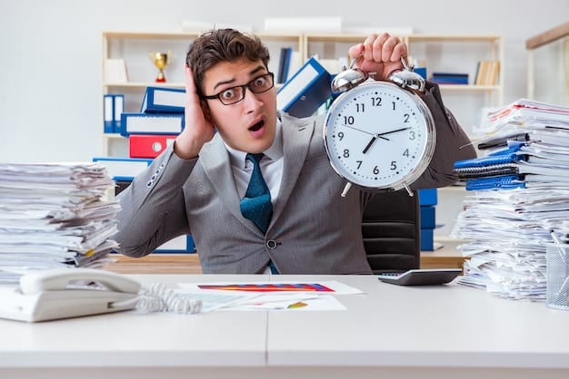 A tired office worker yawning at their desk, surrounded by piles of paperwork. The clock on the wall shows an early morning hour, and the lighting is dim, conveying the feeling of fatigue and reduced productivity. This image emphasizes the impact of 'The Shocking Truth About Daylight Saving Time: It Costs the US Economy $434 Million Annually' on individual workers and their output.